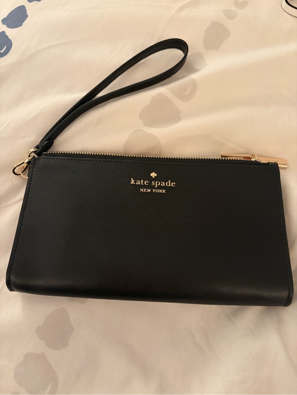 kate spade Black Leather Wristlet Clutch with Gold Logo